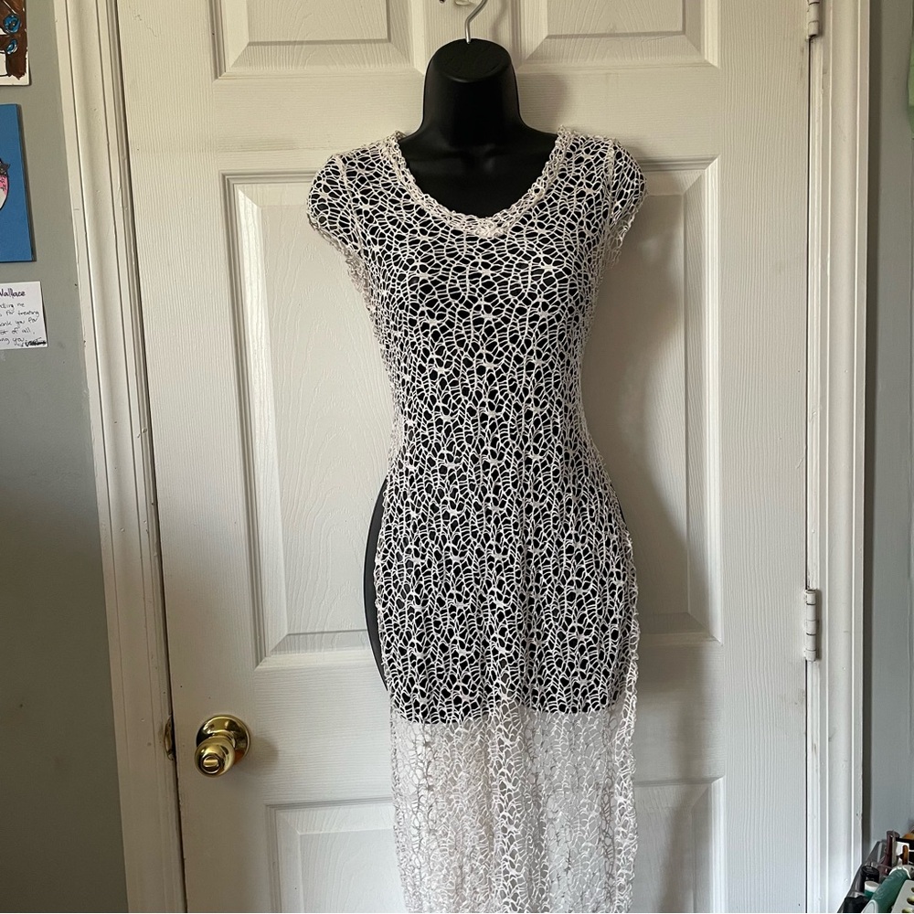 White Lace Crochet Maxi Dress - Women's Beach Cover-Up